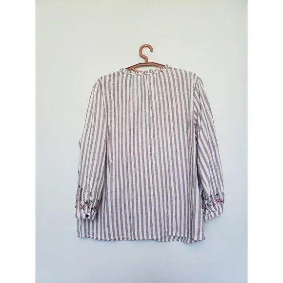 Kate & Sam Women 2XL Top Button Front Blue Stripe Floral Embroidery Coastal Boho - Picture 2 of 6